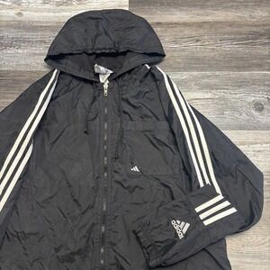 Vintage 90s Adidas Black 3-Stripes Mens S Zip Up Nylon Windbreaker Hooded Jacket